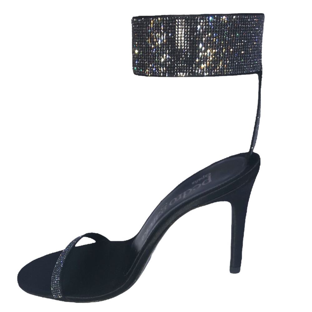 Pedro Garcia Calina Black Satin Crystal Rhinestone Embellished Stiletto Heels